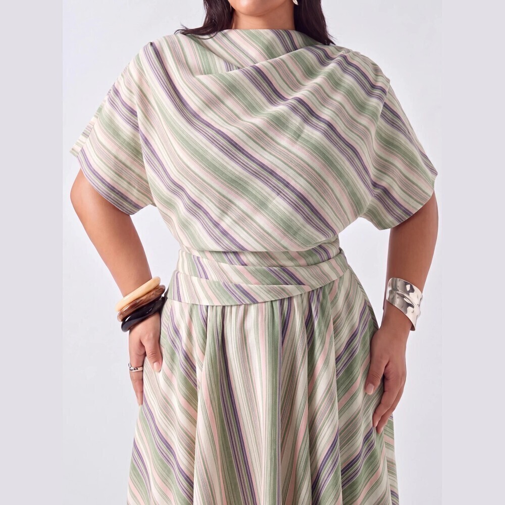 Sage Green Diagonal Multi Stripe Cowl Neck Slim Waist Tee
